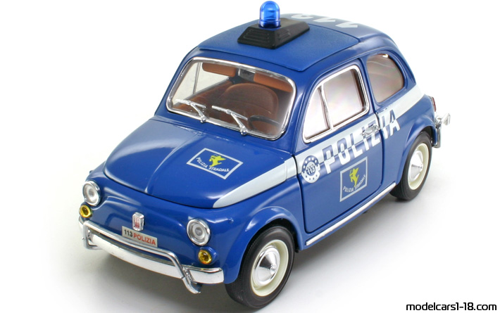 1968 - Fiat 500 Police Bburago 1/16 (Син / Бял) Предна лява страна