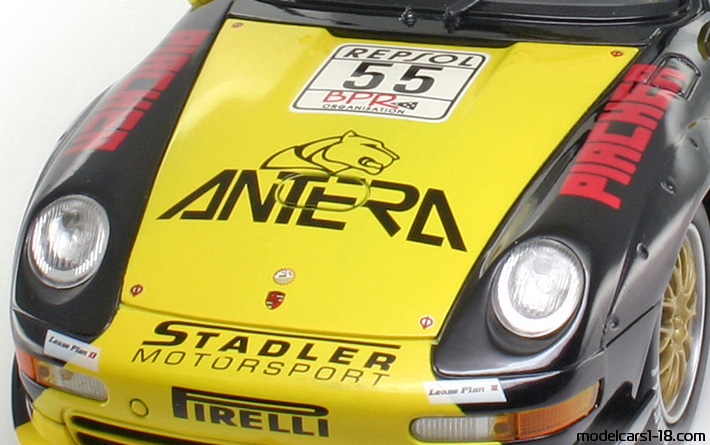 1996 - Porsche 911 GT2 (993) Anson 1/18 (Schwarz / Gelb) Kofferraum / Klappbare Scheinwerfer