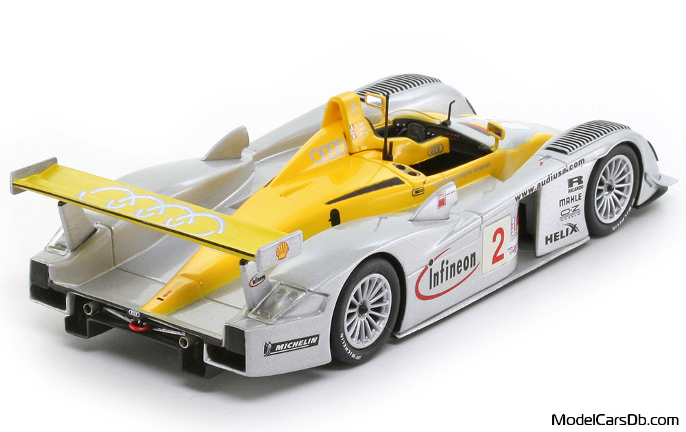 2002 - Audi R8 Minichamps 1/43 (Серебристый / Жёлтый) Задняя правая сторона